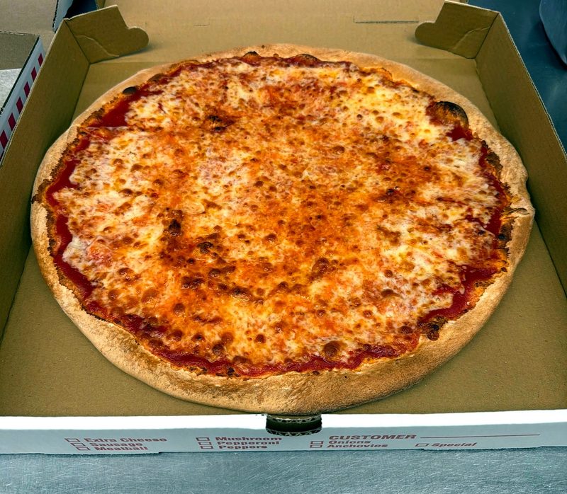 Golden cheese pizza in an open takeout box